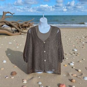 Fishnet Cardigan Coconut Buttons Tank Set Women Size 3x Brown Costal Beach Vacay